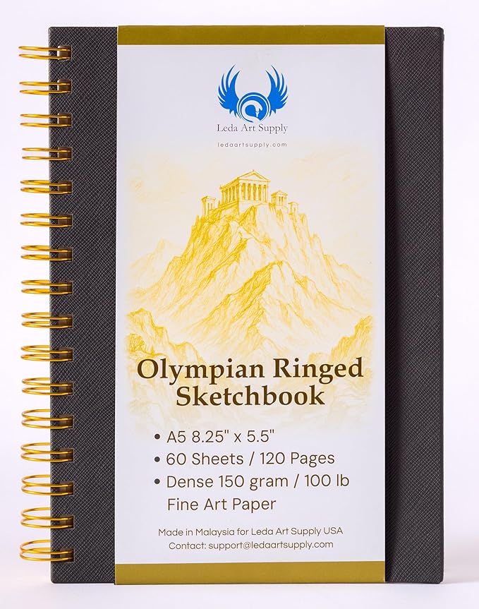 Olympian Ringed Sketchbook, A5 Size 5.5 x 8.25 inches, Gold Metal Ring Binding Lays Flat, 60 Sheets, 150 GSM Fine Art Paper for Artists, Ideal for Pencil, Ink, Watercolor, Leda Art Supply (Pack 2)