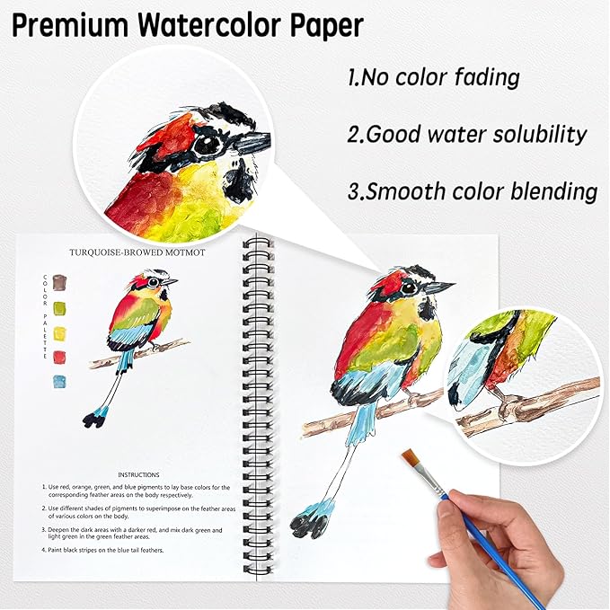 SLWBZ Watercolor Workbook Birds, 15 Different Patterns of Original DIY Designs, 16 Color Watercolor Paint Plates with Palette and Brush, Beginner-Friendly Watercolor Workbooks, Birds
