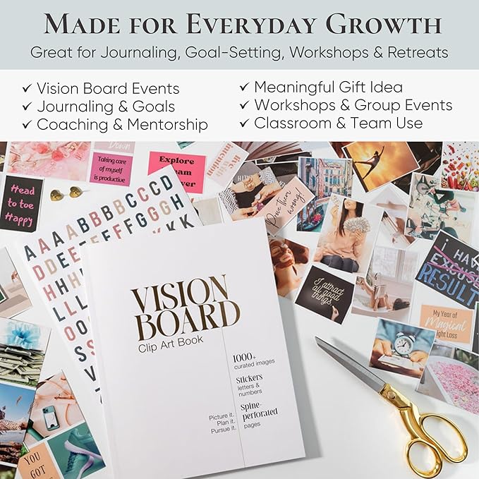 Vision Board Book for Women | 1000+ Images, Quotes & Affirmations | Tear-Out Perforated Pages + Letter & Number Stickers | Complete Vision Board Kit & Collage Clip Art Book for Goal Setting