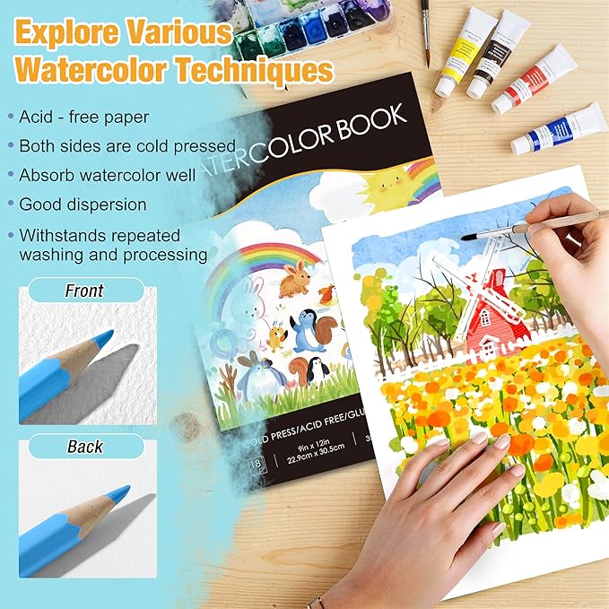 Creazic Watercolor Paper Pad, 9"x12" Watercolor Notebook, 140lb/300gsm, 18 Sheets Cold Pressed - No Bleed, Heavyweight Art Paper for Watercolor & Mixed Media - Water Color Sketchbook for Kids, Black