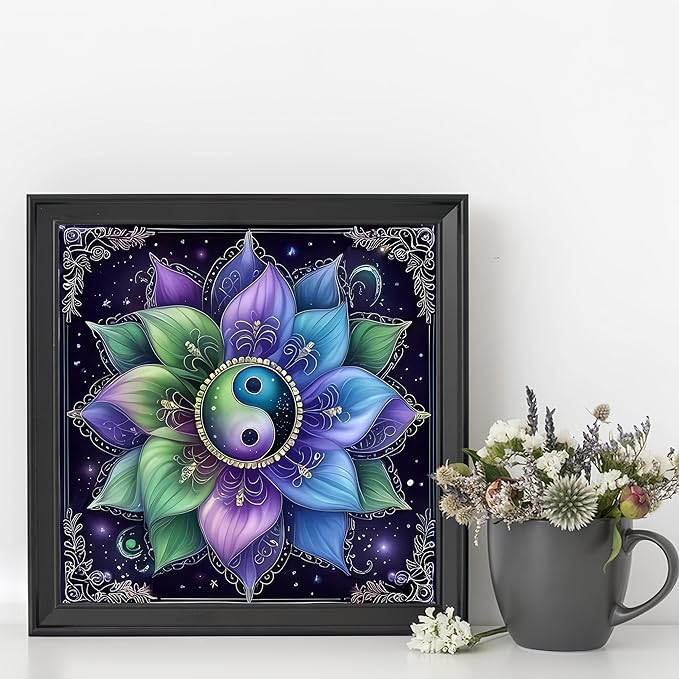 Diamond Art Kits for Adults Yin Yang Flowers, DIY 5D Diamond Painting Kit for Beginners, Tai Chi Full Round Drill Gem Art Dots for Adults, Diamond Dots Paintings Crafts Home Wall Decor 14X14 Inch