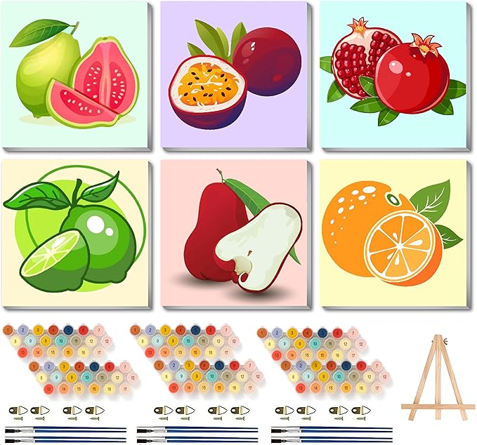 Canrichshop 6 Pack Paint by Numbers Kit for Adults & Kids Ages 4+ Framed-with Wooden Easel,Easy DIY Fruit Oil Painting on Canvas,Acrylic Paint by Number Beginner with Frame for Decor 8x8inch
