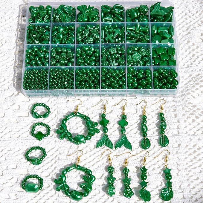 1170 Pcs ABS Imitation Pearl Beads for Jewelry Making, Assorted Heart Star Bowknot Circle Flower Aesthetic Cute Bead for Bracelet Necklaces Earrings Key Chains DIY Phone Charm Crafts (Green)