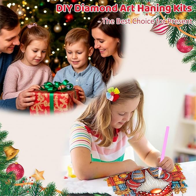 MEIYUDA Gnomes Diamond Art Hanging Kits for Adult, Christmas Gnomes Diamond Painting Hanging Kits Ornaments, DIY Special Shaped Rhinestone Window Pendants kit for Home Garden Wall Decor Gift