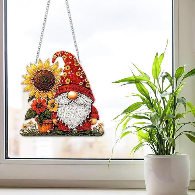 NAIMOER Diamond Art Hanging Kits for Adults Gnome Sunflower 5D Special Shaped Rhinestone, DIY Acrylic Diamond Art Painting Window Pendants Home Garden Wall Hanging Ornament Kits, Double Sided