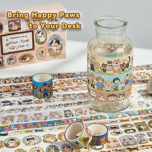 Cat Dog Washi Tape Set 20 Rolls, Cute Decorative Masking Tape for Junk Journal and Scrapbooking, DIY Crafting Supplies