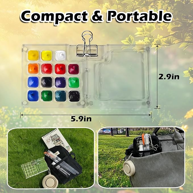Mini Watercolor Paint Set, Portable Travel Art Kit with 12-Color Paint, 6 Brushes, 2 Sketchbooks & Crossbody Bag - Ideal for Artists & Beginners (transparent acrylic)
