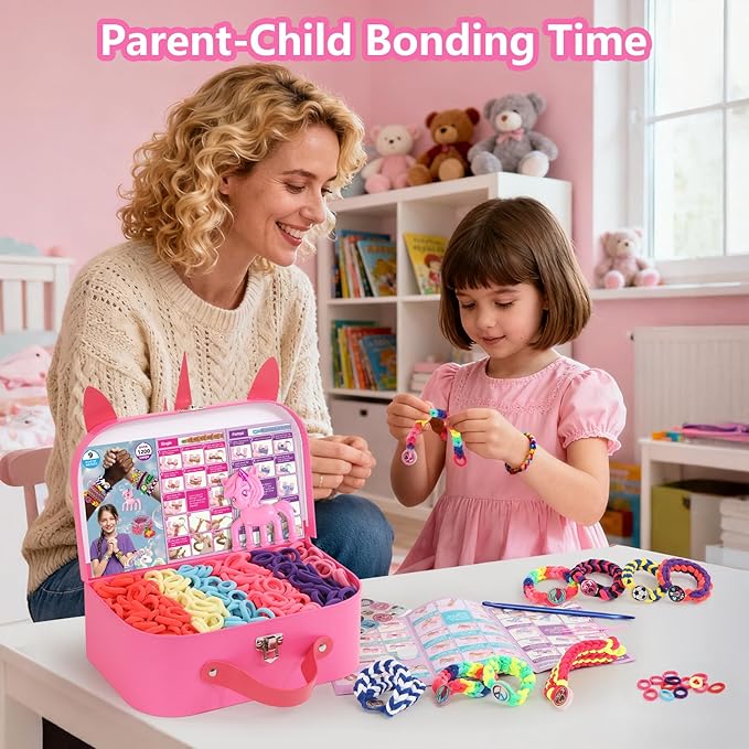 Bracelet Making Kit Gift for Girls Ages 8-12, 1200 Colorful Elastic Cloth Rubber Loom Bands Weaving Loom Bracelet Kit DIY Arts and Crafts Kit Toys Gifts for Girls 6 7 8 9 10 11 12 13 Year Old