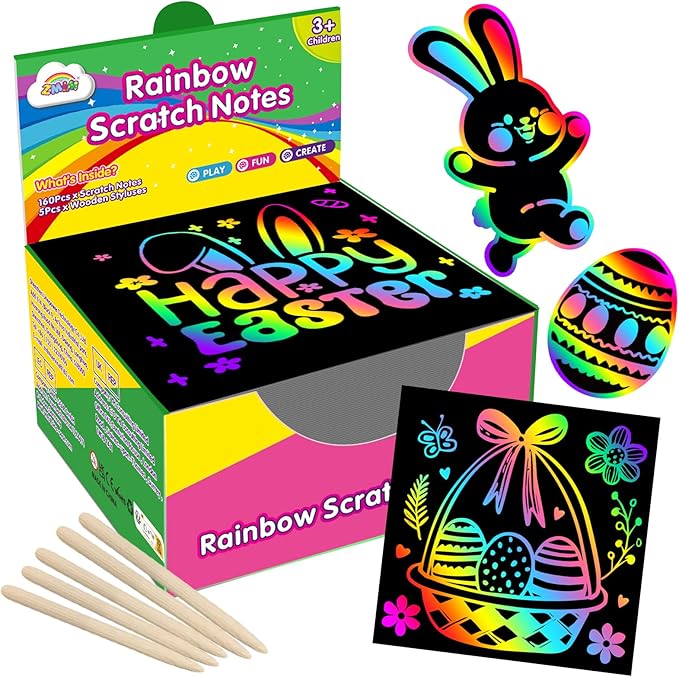 ZMLM 165 Pcs Rainbow Scratch Paper Art Notes - Easter Crafts for Kids Ages 4-8, Easter Basket Stuffers for Girls & Boys, Classroom Prizes, Student Gifts School Activity