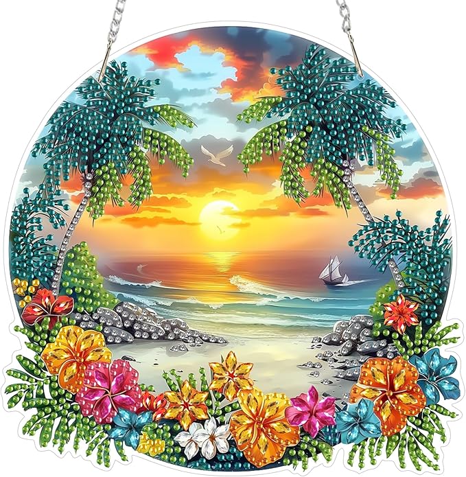 Hanging Diamond Art Kit for Adult, Seaside Flower, 5D Special Shaped Rhinestone Diamond Painting Ornament, Beach Landscape, DIY Acrylic Diamond Art Painting Window Pendants Home Garden Wall Decor