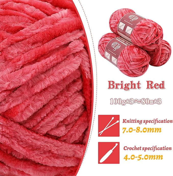 LUNARM 3 * 100g Chenille Yarn, Yarn for Crocheting Knitting with Big Eye Needles, Handcrafts Weaving Soft Chenille Yarn for Making Blankets, Clothes, Pattern Knitting Creations (Bright Red)