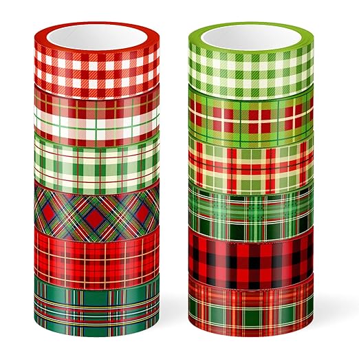 Whaline 12 Rolls Christmas Washi Tape Buffalo Plaid Pattern Red Black Green Xmas Holiday Masking Tape for Scrapbook Journal DIY Craft Gift Wrapping