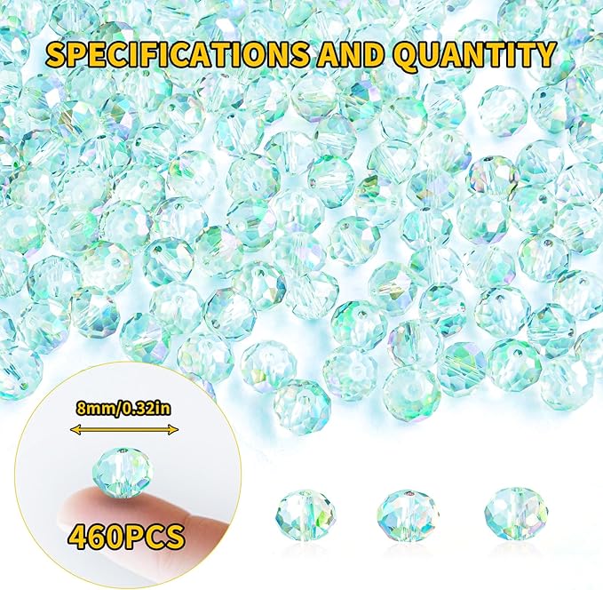 laopottbeads 460pcs 8mm crystal glass beads for jewelry making beads for bracelets necklace pendants making supplies(light blue green)