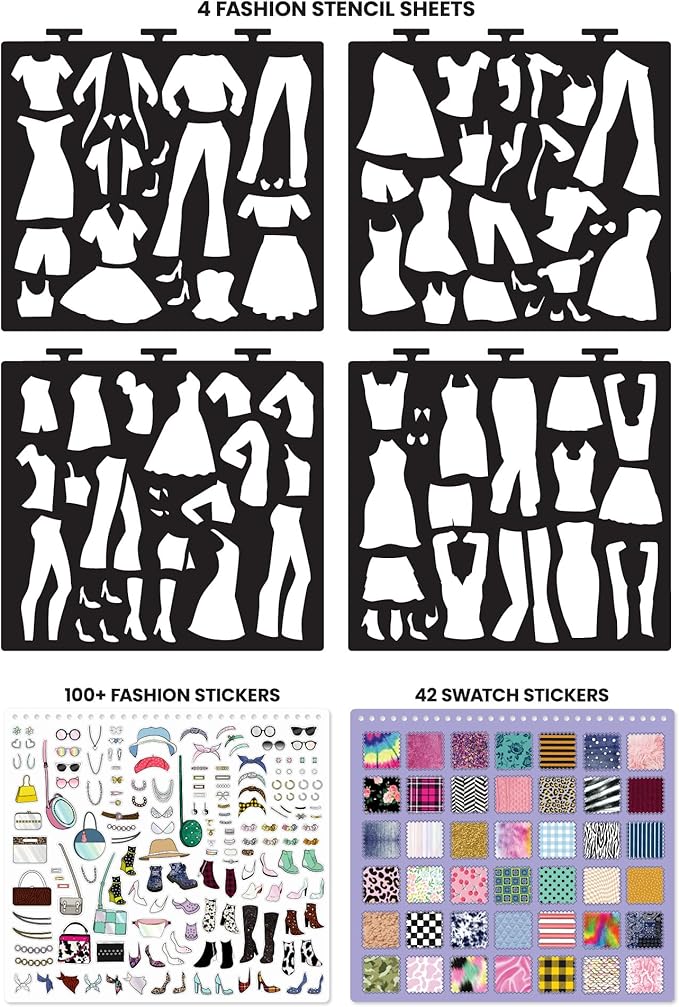 Fashion Angels Fashion Runway Design Portfolio Book, Includes 35 Sketch Sheets with 4 Stencil Pages & 150+ Stickers, Ideal for Kids Ages 8 & Up