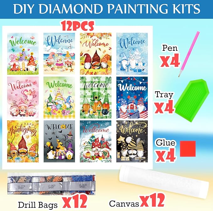 Sinmoe 12 Sets Holiday Diamond Art Kits Seasonal Diamond Painting Kits Rhinestones Art Crafts Cute Colorful Cartoon Painting for Home Wall Decor DIY Craft Gifts