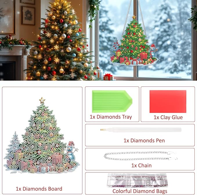 SENQAO Christmas Diamond Art Hanging Kits for Adults Kids, Christmas Tree Diamond Art Suncatchers, 5D Special Shape Diamond Painting Pendant Window Ornament Gifts for Home Door Wall Decor