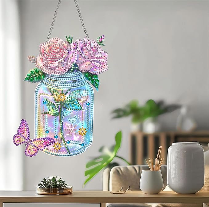 Bimkole Rose Diamond Art Hanging Kit for Adult, DIY 5D Vases Diamond Art Painting Window Pendant, Acrylic Crystal Art Hanging Ornament for Wall Home Garden Front Door Decor - 7.8x7.8 Inch