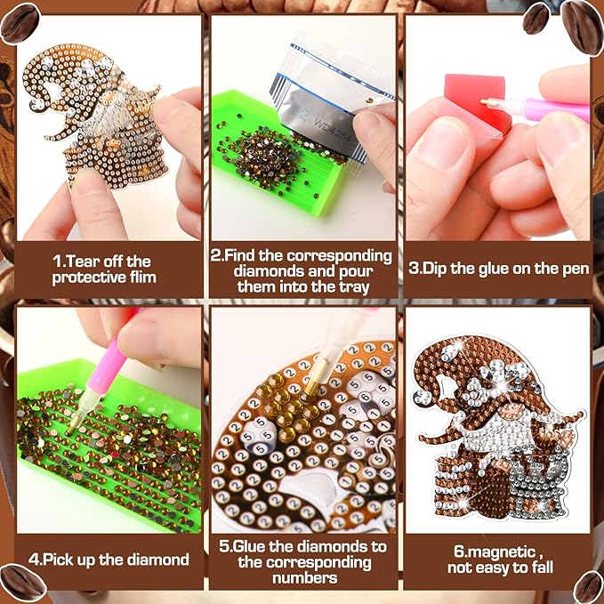 Frienda 12 Pcs Diamond Art Magnets Coffee Gnome Refrigerator Diamond Painting Magnets Easy Kits Interchangeable for Adults Beginners DIY Home Decors Gifts Craft