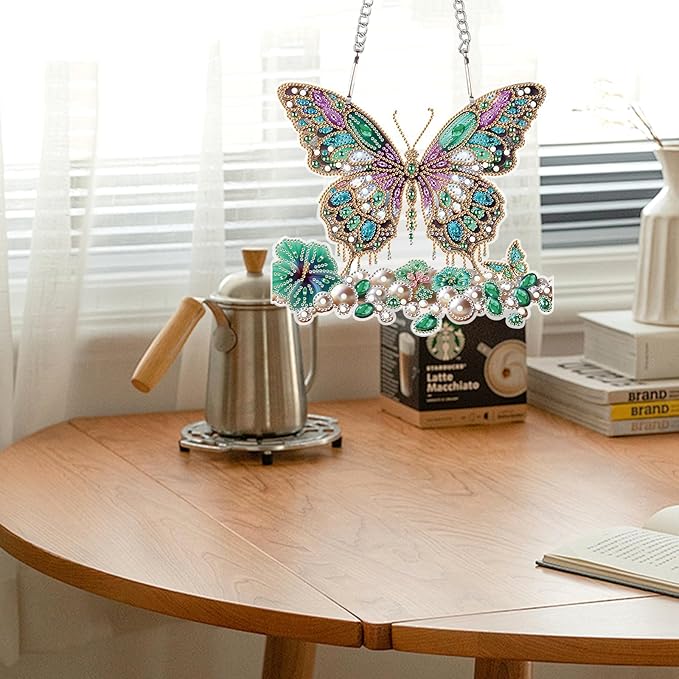 JZHYOAN Butterfly Diamond Art Hanging Kit DIY Hanging Diamonds Craft Ornament Diamond Painting Decorative Sign Wind Chimes with Diamonds Art Window Pendant Acrylic Pendants Crystal Arts Pendant