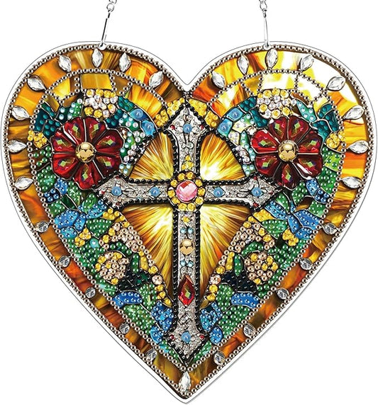 KEYIFA Diamond Painting Hanging Heart Shape Cross 3D Diamond Art Kits, Special Shaped Rhinestone Diamond Dots Kit for Adults Beginner, DIY Art Craft for Window Wall Door Decor, Double Sided