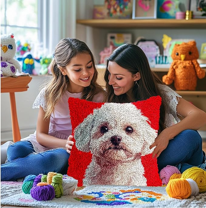 DIY Latch Hook Pillow Kits for Adults White Bichon Frise Dog Portrait Printed Pillowcase Crochet Yarns Hooking Handmade Pillow Cover Cushion for Home Sofa Decoration 17x17inch(2)
