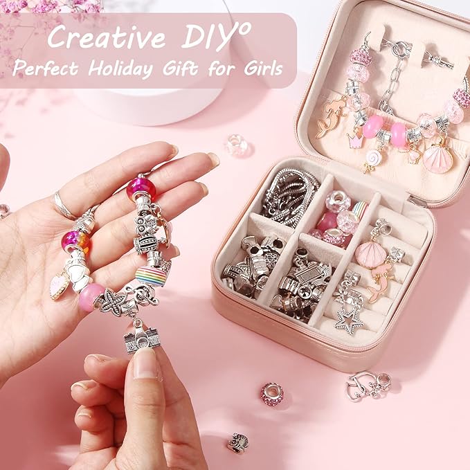 UFU Charm Bracelet Making Kit, Jewelry Making Kit Craft Gift for Girls 5 6 7 8-12, A Sweet Birthday Gift to Inspire Imagination & Creativity, with Portable Jewelry Box