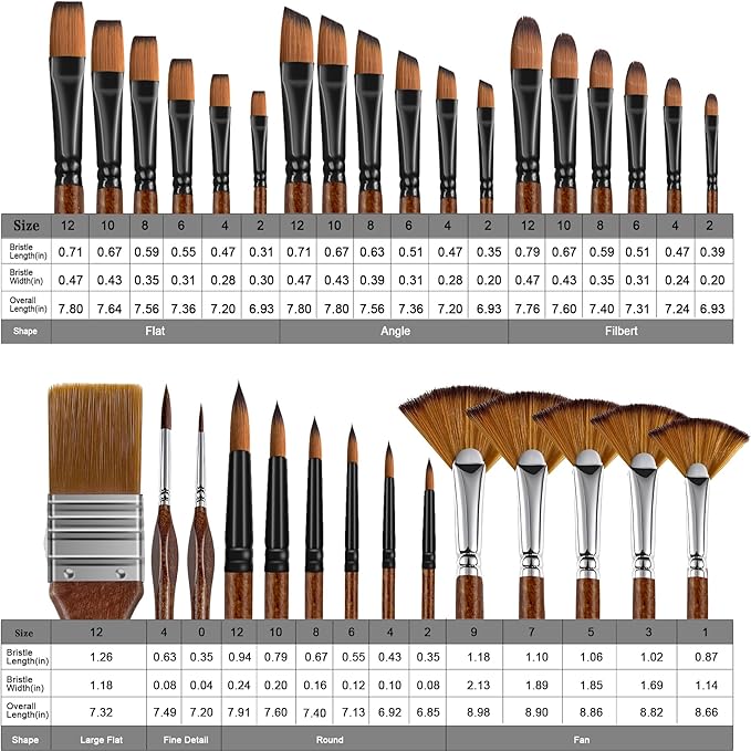 Bougimal 32 Pcs Paint Brush Set, Artist Paint Brushes for Acrylic Painting, Oil, Watercolor, Gouache, with Flat Round Filbert Fan Angle Detail Brush, Suitable for Artists and Beginners(Brown)
