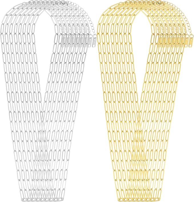 16 Pack 4mm 18K Gold Plated Paperclip Charm Necklace Chains Bulk for Jewelry Making 18Inch 18K Gold Plated and Stainless Steel Necklace Chain with 2 Inch Extension Chain for Women