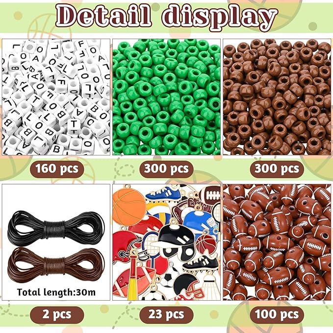 Kavoc Football Beads Necklace Crafts Kit Football Letter Beads Green Brown Pony Beads Sports-Themed Pendants Cords for Jewelry Necklace Bracelet Making DIY Crafts Decor