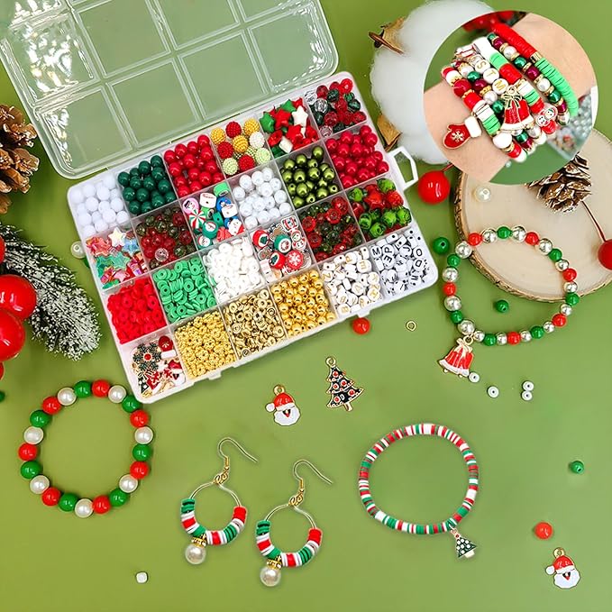 1456Pcs Christmas Bracelet Making Kit, Christmas Beads Charms for Jewelry Making Red Green Clay Beads Pearl Beads Star Round Crystal Bead Snowflake Santa Xmas Tree Pendants for Necklace Earrings Craft