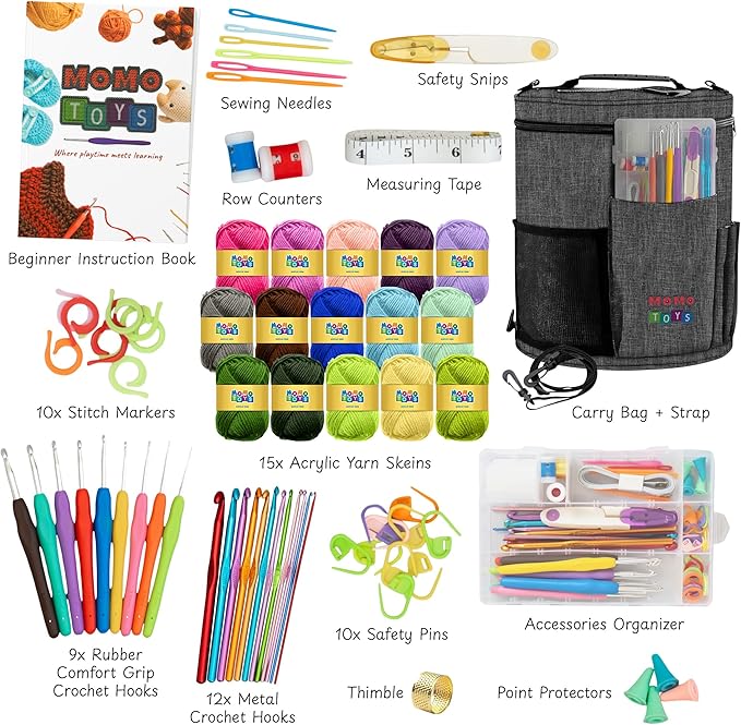 MOMOTOYS Crochet Kit for Beginners, Crochet Hook Set with Yarn Set,Crocheting Kit, 74PCS with Crochet Book and Bag, Crochet Kits for Beginners Adults, Crochet Accessories and Supplies