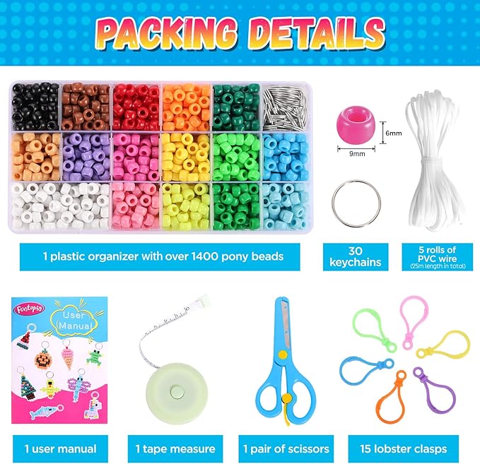 Funtopia Beads for Crafts, Pony Beads Keychain Making Kit, Bead Pets Art Crafts for Kids Beginners, Birthday Party DIY Craft for Girls Boys (1500 Bead, 30 Designs)