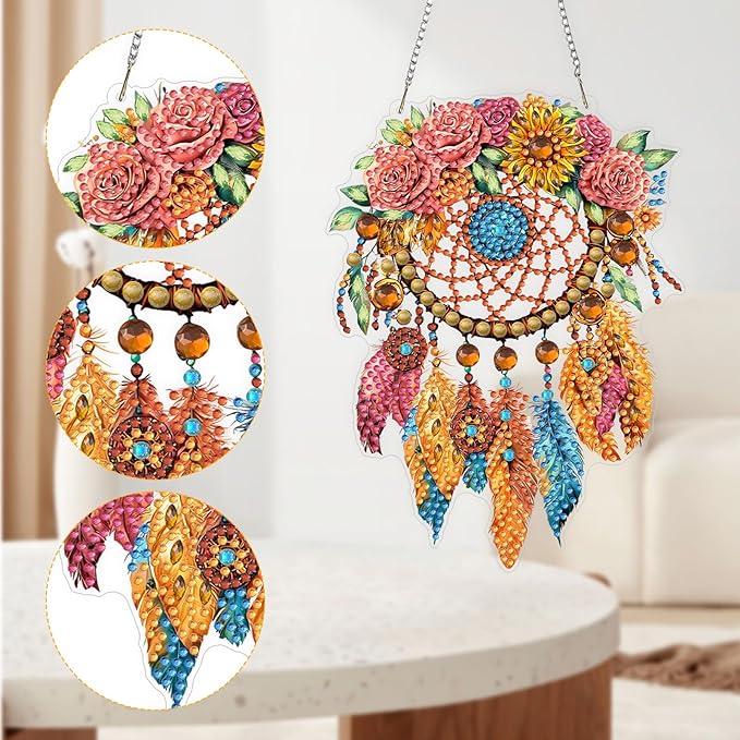 QENSPE Diamond Painting Art Hanging Kits for Adults, 5D Special Shape Diamond Paingting Ornaments with Chain, DIY Dreamcatcher Crystal Window Pendants for Home Wall Decor Double Sided Gifts 8X8 inch