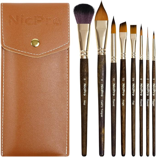 Nicpro Watercolor Paint Brushes Professional, 8Pcs Kolinsky Sable Performance Travel Paint Brush Set for Artist & Beginners with Flat Round Angle Mop Cats Tongue for Water Color, Gouache Ink Painting
