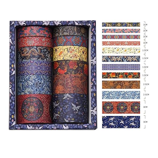 12 Rolls Chinoiserie Washi Tape Set Chinese Arts Adhesive Tapes Geometric Garden Decorative Masking Tape Sets for Craft, Kids, Scrapbook, DIY, Gift Wrapping (Drifting on Azure Waves)