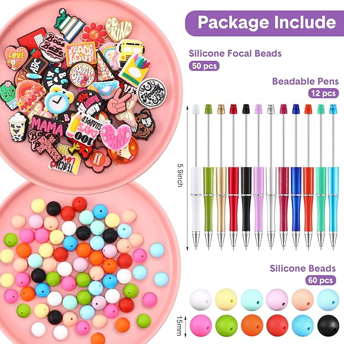 Humyoun 122 Pcs Silicone Focal Beads for DIY Pens Making Kit Include 12 Beadable Pens 110 Silicone Focal Beads for Pen Keychains DIY Making