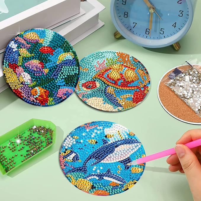EWJRNSF 8 PCS Small Diamond Art Coasters Kits, Diamond Painting Coasters, Fall Diamond Art Kits for Adults Beginners, Arts and Crafts Item Sets with Holder for Drinks Ocean Style