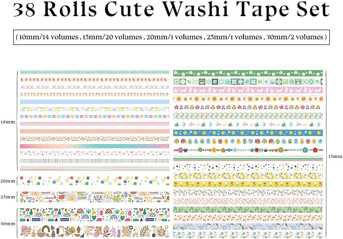 38 Rolls Washi Tape, Aesthetic Colored Decorative Cute Scrapbook Tape for Scrapbooking Supplies Journaling Craft Junk Journal