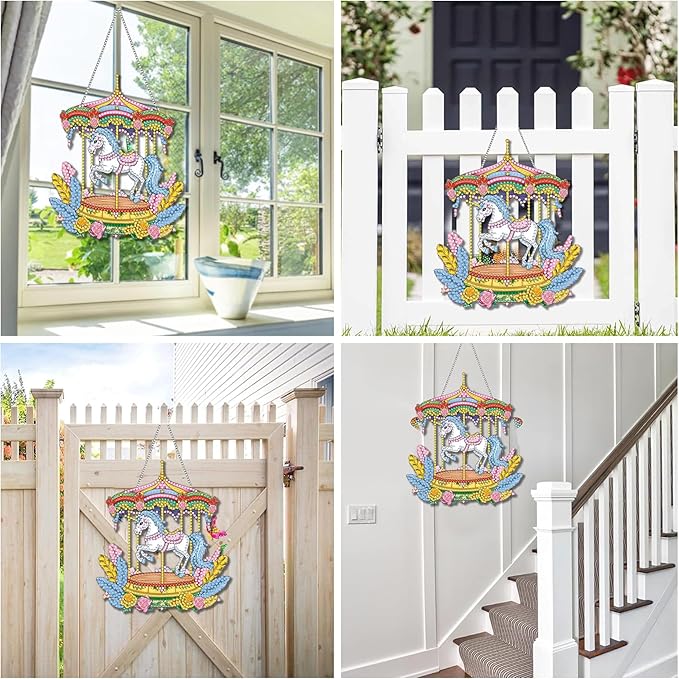 Reofrey Hanging Diamond Art Kits for Adults - 8x8 Inch Carousel Acrylic Board Double Sided Pattern Diamond Painting Suncatcher Pendant, DIY Crystal Art for Home Wall or Window Decoration Handmade Gift