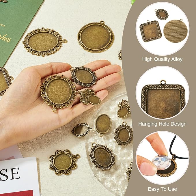 20Pcs Bezel Pendant Trays 10 Styles Vintage Cabochon Bezel Settings Trays Charms Tibetan Style Oval Trays Pendant Blanks for DIY Crafts Photo Necklace Jewelry Making