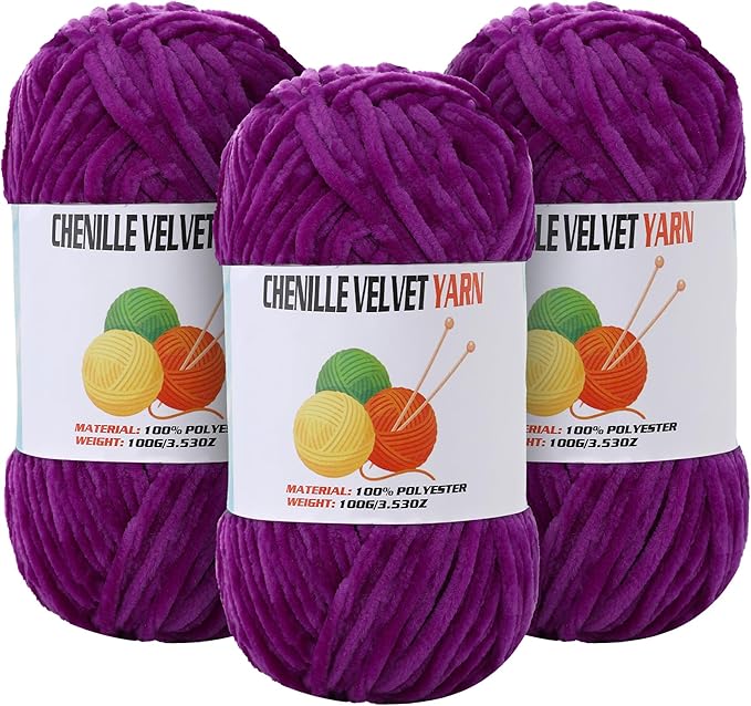 3 * 100g Velvet Chenille Chunky Yarn for Crocheting, Handcrafts Weaving Soft Chenille Yarn for Crocheting Clearance, Used for Making Baby Yarns Blanket, Clothes, Knitting Creations (Purple)