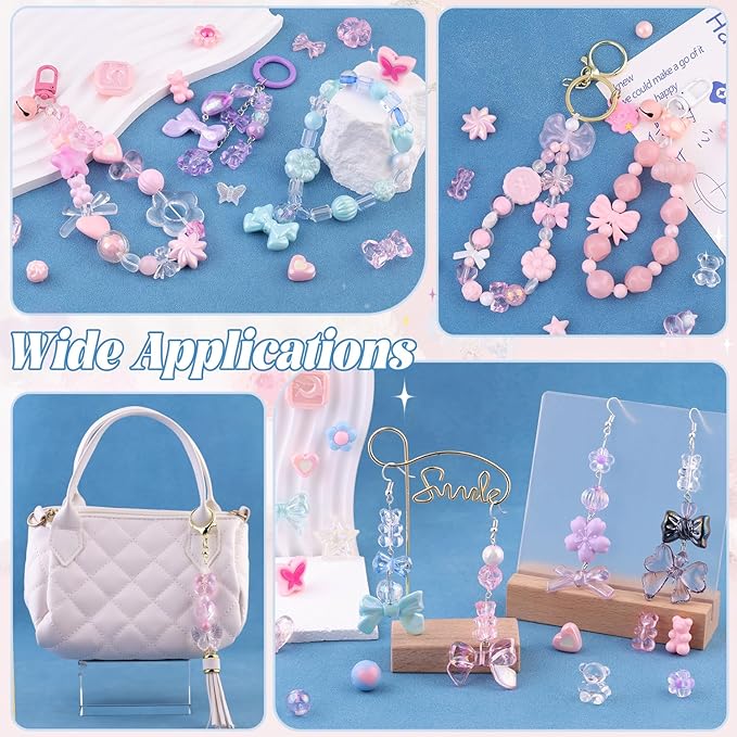 200-260pcs tinkrstuff assorted acrylic beads pink cute beads for bracelet making, bow aesthetic gummybear flower candy butterfly kawaii charms for jewelry making diy necklace keychain phone charm