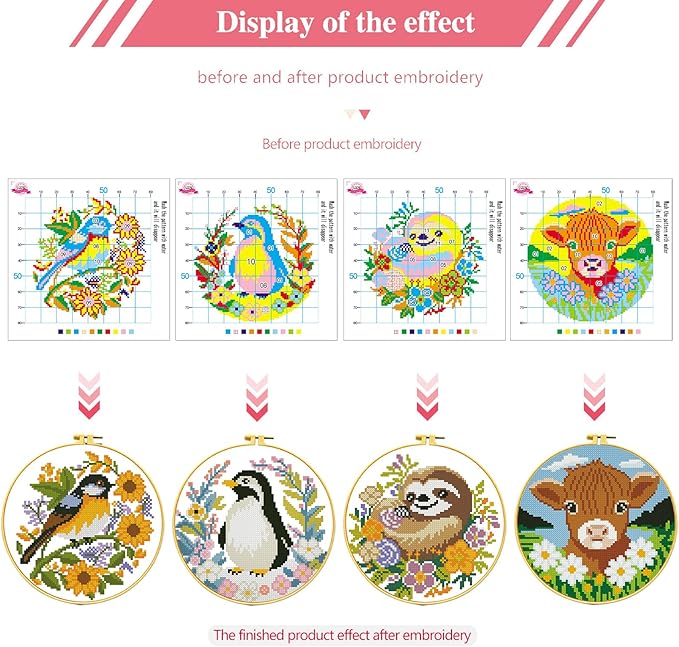 Zhenging Animal Cross Stitch Kit – 4 Pre-Printed Designs (Sloth, Bird, Penguin, Calf) with 11CT 9.45x9.45 Inch Fabric, Hoop, Scissors, Threader & Tools for Beginners & Adults