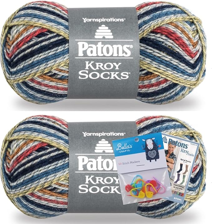 Patons Kroy Socks Yarn 2-Pack Bundle with Bella's Crafts Stitch Markers (Blue Striped Ragg)
