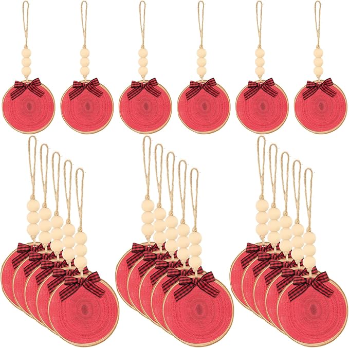 Sawysine 36 Pcs Wooden Christmas Ornament 2.8 to 3.2 Inch Craft Wooden Kit Natural Wood Slices with Round Natural Wood Beads and Buffalo Plaid Bow for Arts and Crafts Christmas Ornaments (Red)