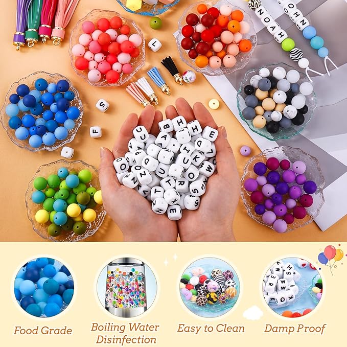 tohongadon 392 pcs silicone beads for keychain making kit, silicone letter beads, 12mm15mm round 14mm17mm polygonal 12mm lentil beads bulk, rubber bead for keychain bracelet jewelry making supplies