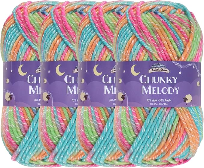 JubileeYarn Chunky Melody Yarn - 100g/Skein Bulky Wool Blend - Rainbow Sherbet - 4 Skeins