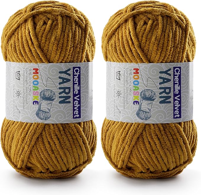 2 Pac Chenille Yarn for Crocheting - Blanket Yarn for Crocheting - Fluffy Yarn for Crochet, Baby Yarn for Crocheting Soft Blankets Weight Per Roll 50g/1.76oz, Length 60m/65yard (Turmeric)