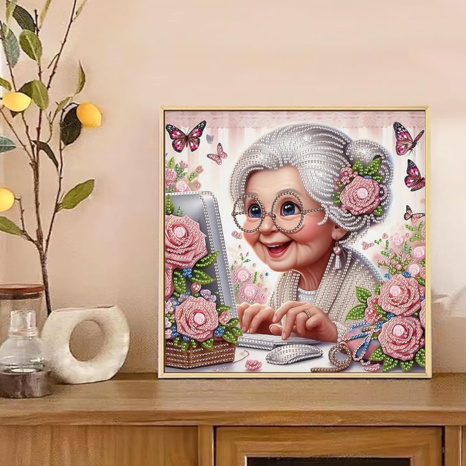 AiYuanzsh 5D Special Shape Diamond Art Kits for Beginners, Lovely Grandma Diamond Art Painting Kits for Adults, Crystal Rhinestones Diamond Art Painting for Home Wall Decoration Gift 12×12 inch