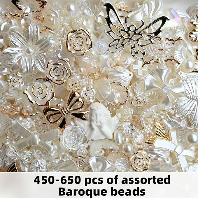 Baroque Pearl Beads for Junk Case Charms Kit,Assorted Aesthetic Y2K Beads with Holes, Vintage Relief Flower Bow Angel Charms for DIY Phone Charms, Bracelet Jewelry Making Decor Supplies, White & Gold